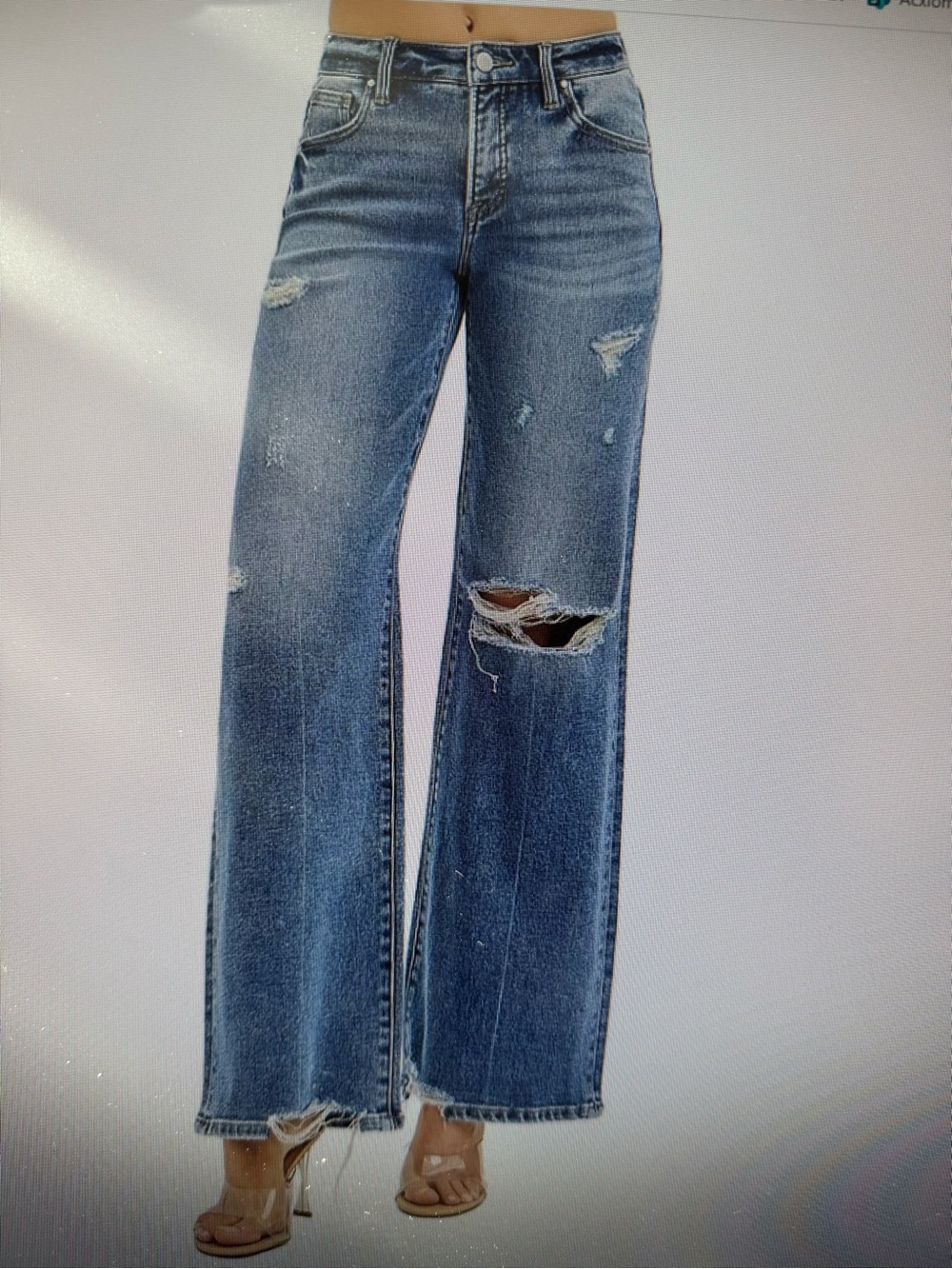 Risen Wide Leg Distressed Jeans - Blue